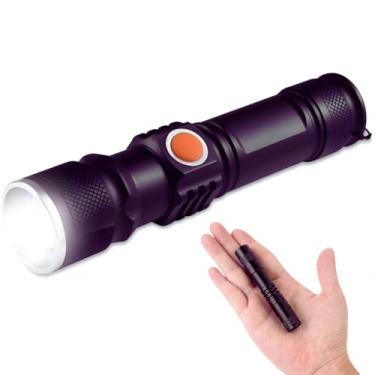 Imagem de Mini Lanterna Tática de LED Recarregável USB – Zoom Ajustável, 3 Modos de Iluminação, Longo Alcance 150m, Corpo em Alumínio Resistente, Compacta e Portátil