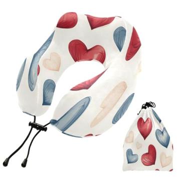 Imagem de CEBUGI Travesseiros de viagem portáteis em forma de U, travesseiro de pescoço de espuma viscoelástica com trava de corda ajustável para avião, viagem, trem, negócios, escritório, soneca (corações do