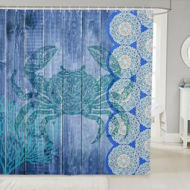 Imagem de Erosebridal Cortina de chuveiro de caranguejo azul, hippie, boho, mandala, para banheiro, tamanho pequeno, mar, oceano, tema náutico, decoração de banheiro para banheiras, tábua de madeira, decoração