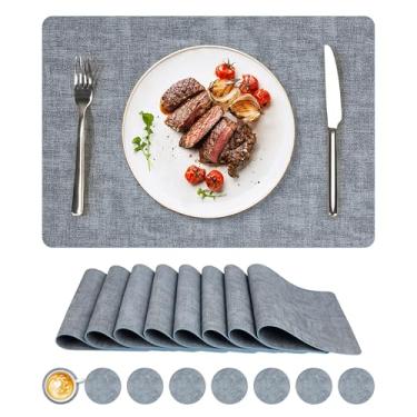 Imagem de Jogo americano de vinil, conjunto de 8 tapetes de couro sintético, à prova d'água e resistente ao calor, tapetes de mesa laváveis antiderrapantes com porta-copos para ambientes internos e externos, 43