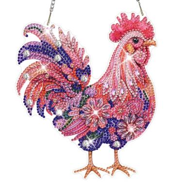 Imagem de NAIMOER Kits de pintura de diamante para adultos, kits de pendurar arte de diamante de galinha 5D, enfeite de pingente, arte de cristal de formato especial, kit de artesanato placa acrílica para