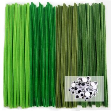 Imagem de TOAOB Conjunto de artigos de limpeza de cachimbo de 400 peças inclui hastes de chenille da série verde de 6 mm x 30 cm de espessura e olhos arregalados para fazer artesanato, decoração, flores