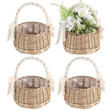 Imagem de 4 peças de cesta para meninas de flores, cestas pequenas de vime com alça, conjunto de cesta de daminha de flores de vime, organizador de armazenamento decorativo multiuso, feito à mão para casamentos