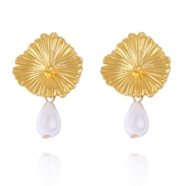 Imagem de Wantjewlee Brincos de ouro para mulheres, na moda, hipoalergênicos, volumosos, folha de flor, brincos pendentes de gota de ouro para festas, casamentos, presentes de aniversário, Metal, Sem pedra