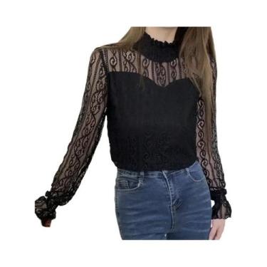 Imagem de Blusa Feminina De Primavera Verão Com Gola Alta Em Renda, Manga Longa 