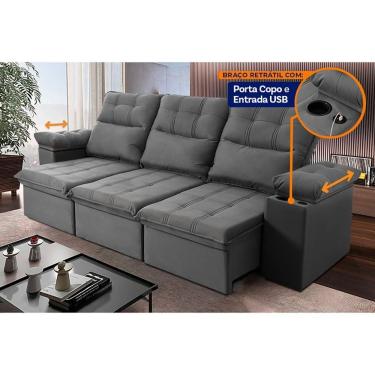 Imagem de Sofá Retrátil Reclinável Verona Usb E Porta Copo 2,30m Cinza
