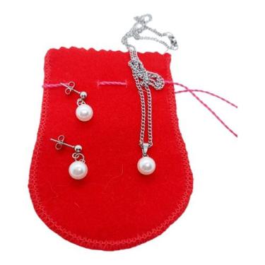 Imagem de Conjunto Feminino Colar Brinco Aço Inox Pérolas 7 MM Prata - ASA