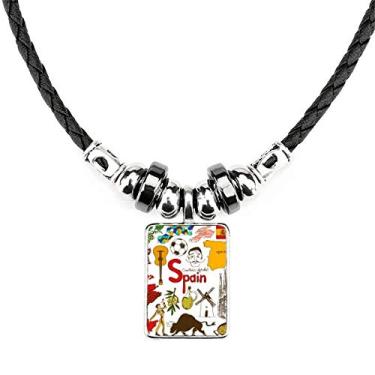 Imagem de DIYthinker Colar com bandeira nacional de animais da Espanha Landscap Joias Torque Pingente de corda de couro
