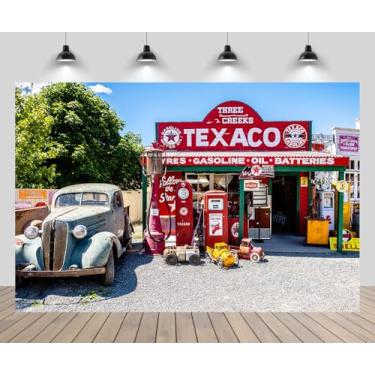 Imagem de CHNYWORK Pano de fundo retrô para posto de gasolina de 3 x 2 m, rota temática clássica, 66 estações de serviço, bombas de gasolina retrô para carro Texaco Store, fundo vintage, aniversário, festa de