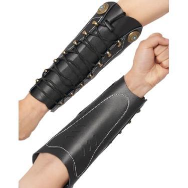 Imagem de TOPARCHERY Protetor De Braço Couro Feito À Mão, Arco, Tiro, Luva Ajustável Para Caça, Protetor, Pulseira, Manopla, Unissex, Medieval, Braçadeira (Preta)