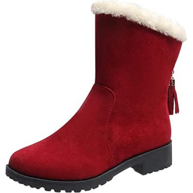 Imagem de Botas femininas Plash para uso ao ar livre inverno quente salto baixo botas de neve grossas botas curtas, Vinho, 37 BR
