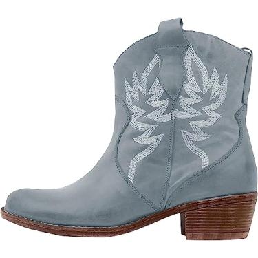 Imagem de Botas de cano curto estilo caubói ocidental bordadas, retrô, sem fecho, salto médio, cano médio, bico redondo, Cinza, 38 BR