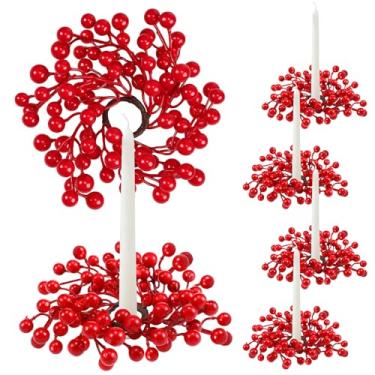 Imagem de Giegxin 6 anéis de vela cônica de Natal com frutas silvestres de 3,2 cm de diâmetro interno de guirlanda de pinheiro nevado artificial para mesa de centro de mesa de Natal, casamento, casa (vermelho