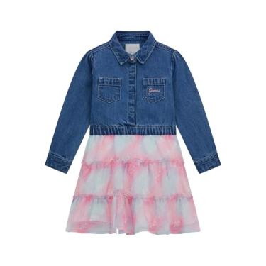 Imagem de GUESS Vestido feminino de manga comprida com tecido misto, Lavagem de pirulito azul médio, 2 Anos