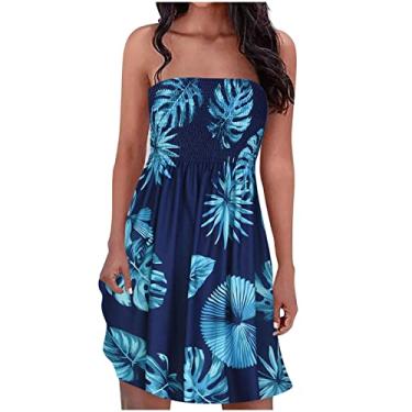 Imagem de Vestidos juvenis sem mangas, tomara que caia, ombros de fora, vestidos florais para mulheres, vestidos midi plissados havaianos 2024, T-813 Azul royal escuro, P