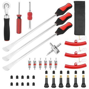 Imagem de HAIYUUS Kit de colher de pneu de 38 cm, 33 peças de ferramentas de pneu para troca de pneus, kit de reparo de pneu para motocicleta, trator de gramado, trocador de pneu de bicicleta com tampas de aro,