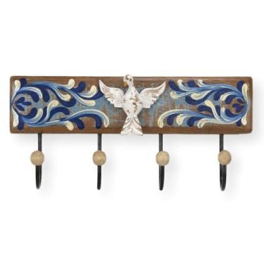 Imagem de Cabide de Parede em Madeira Recuperada com Divino Esculpido, Floral Azul e Branco, 4 Ganchos de Metal, Acabamento Pátina, 40x19x8 cm