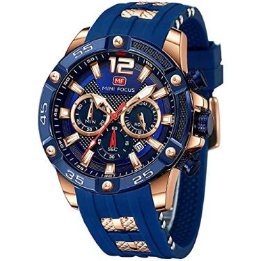 Imagem de Mini Focus Relógios de pulso masculinos casuais exclusivos (cronógrafo/à prova d'água/luminoso/calendário/24 horas) relógios modernos de pulseira de silicone para homens, Azul-dourado, Cronógrafo