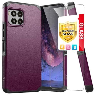 Imagem de TJS Capa compatível com T-Mobile Revvl 7 Pro 5G, com protetor de tela de vidro temperado, suporte magnético híbrido de camada dupla, à prova de choque, capa resistente (roxa)