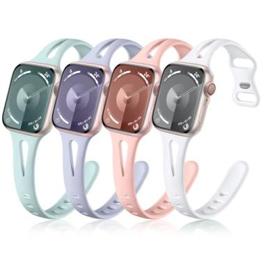 Imagem de Getino Pulseira feminina para Apple Watch SE séries 11, 10, 9, 7, 6, 5, 4, 3, 2 e 1, de 40 mm, 38 mm, 41 mm e 42 mm, masculina, fina de silicone macio, areia rosa/branca/lavanda/verde claro