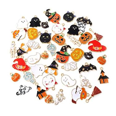 Imagem de yueton Pingentes malucos de liga esmaltada, 44 peças, chapéu de bruxa, fantasma, abóbora, monstro, morcego, caveira, castelo, vassoura, pingente de Halloween para brincos, pulseiras, colares, joias e