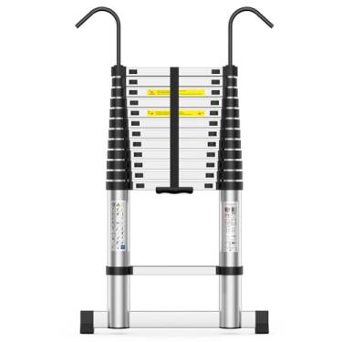 Imagem de Escada telescópica, escada de extensão de 3 m, capacidade máxima de 150 kg, escada dobrável multiuso com gancho estável e barra de equilíbrio para trailer ou trabalho ao ar livre
