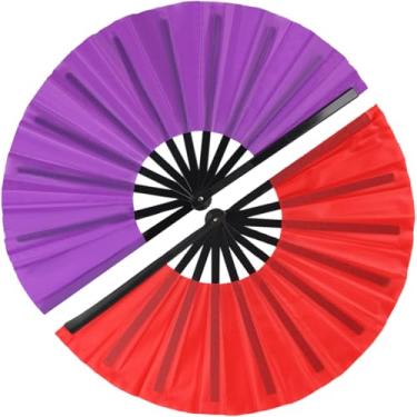 Imagem de Pacote com 2 leques grandes dobráveis para dança em linha, ventiladores vintage retrô de tecido, leque chinês de Kung Fu Tai Chi para festival, dança, presente, apresentação, decorações (vermelho e