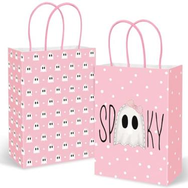 Imagem de AnyDesign 24 peças de sacos de papel de Halloween com alças rosa fantasma assustador sacos de presente rosa Little Boo Candy Goodie Bag para aniversário, chá de bebê, lembrancinha de festa, 15 x 21 x