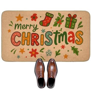 Imagem de SIMFEP Tapete de porta de boas-vindas com letras coloridas de Natal para varanda interna externa, 74 cm x 43 cm, tapete de linho festivo, tapete antiderrapante para porta da frente, banheiro, cozinha
