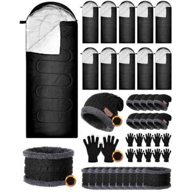 Imagem de Shyyween Conjunto de 10 sacos de dormir para adultos com 10 luvas de chapéu de inverno lenços a granel, forro de algodão impermeável, saco de dormir, luvas de tela sensível ao toque para mochilão