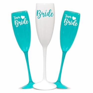 Imagem de Kit 6 Taças Espumante 190ml Acrílica - Personalizadas Chá de lingerie despedida de solteira madrinhas Bride Noiva (Taça Azul Tiffany - BRIDE)