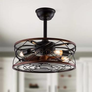 Imagem de Ventiladores de teto retrô com luzes e controle remoto Ventilador de teto preto mudo com iluminação 6 velocidades DC temporizador reversível Ventilador de teto industrial com lâmpada para ba