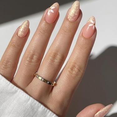 Imagem de Unhas postiças curtas médias amêndoas francesas com design simples de flor, cobertura completa, cola em bastão falso artificial em unhas de acrílico para mulheres, casamento, 24 peças