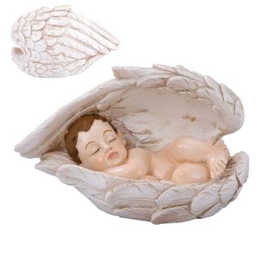 Imagem de Estatuetas de presépio – Decoração de escultura religiosa, estatueta de bebê dormindo de resina em asas de anjo para mesa de cabeceira, mesa de cabeceira, peitoril de janela, estante de livros