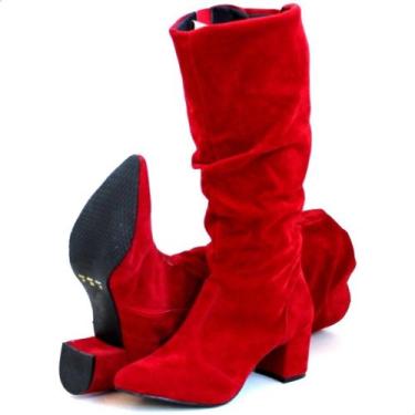 Imagem de Bota Feminina Da Moda Slouchy Couro Camurça Salto Grosso - Lirom, Verm