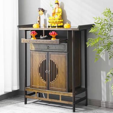 Imagem de Mesa de altar budista de bambu com armazenamento, armário de santuário de meditação simples para ofertas domésticas, acabamento em nogueira, nicho de buda de 100 cm/39,3 polegadas, decoração zen