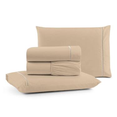 Imagem de Jogo Cama Lençol Bali Queen Percal 180 Fios 100% Algodão Ponto Palito 4 Peças - Avelã