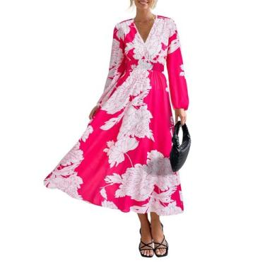 Imagem de Vestido PRETTYGARDEN Floral Vermelho Rosa Decote V Manga Longa Tamanho
