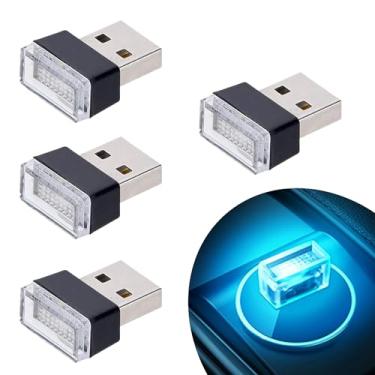 Imagem de Febrytold 4 peças de lâmpadas de atmosfera interior de carro USB azul gelo, mini luzes USB LED universais para decoração de carro, iluminação