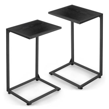 Imagem de Conjunto de 2 mesas de canto em forma de C, mesa lateral de lanche para sofá, mesas de sofá que deslizam por baixo, mesas C para sofá, mesa pequena para bandeja de TV para sala de estar, quarto, preta