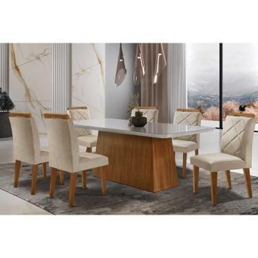 Imagem de Sala De Jantar Completa Luna Tampo Madeirado Com Vidro Curvo 180x90 E 6 Cadeiras Melissa Imbuia - Veludo Creme - Rufato