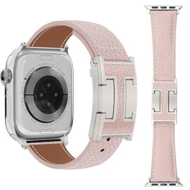 Imagem de Nixiamy Pulseiras de couro lichia compatíveis com Apple Watch Ultra/SE/Ultra 2/séries 10/9/8/7/6/5/4/3/2/1 de 49 mm, 46 mm, 45 mm, 44 mm, 42 mm, 41 mm, 38 mm, 49 mm, 46 mm, 46 mm, 46 mm, 45 mm, 45 mm