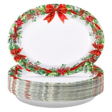 Imagem de 50 peças de pratos ovais de Natal 25,4 cm x 30,5 cm grandes descartáveis resistentes de Natal fita vermelha azevinho vermelho prato de sobremesa para decoração de festa de Natal suprimentos