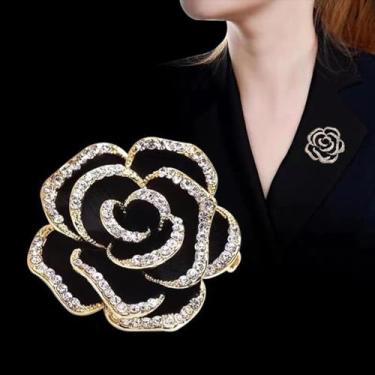 Imagem de 1 pç Suéter feminino de malha com flor de peito de broche preto, paletó, broche de camélia adequado para uso diário