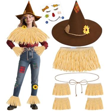 Imagem de Lavwix Kit de fantasia de homem de palha para adultos, decalque de rosto de chapéu de feltro, girassol, patchwork, bruxa, bruxa, Halloween, conjunto de acessórios, Caqui, Standard