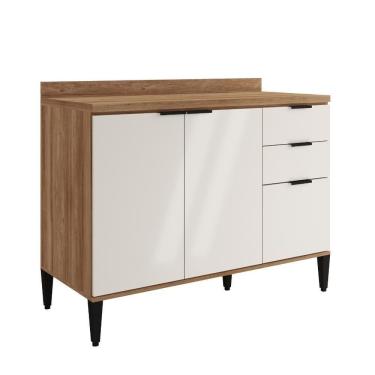 Imagem de Balcão De Cozinha Miami 1200mm 2 Portas 3 Gavetas Com Tampo Carraro Freijó Com Off White