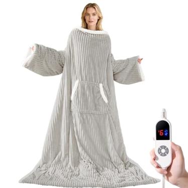 Imagem de Cobertor elétrico aquecido vestível com mangas e bolso para os pés, sherpa de lã listrada, 6 níveis de calor 12H, proteção contra superaquecimento, lavável na máquina, 130 x 182 cm, cinza para