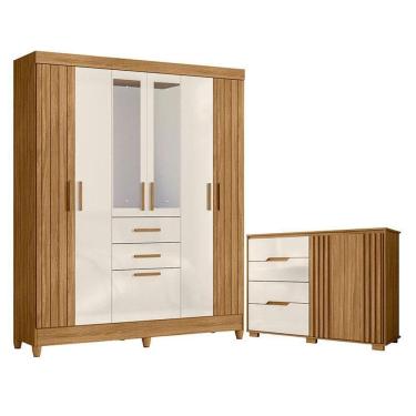 Imagem de Guarda Roupa Solteiro Malta Com Espelho E Cômoda Texas Freijó Off White - Moval