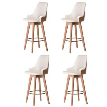 Imagem de Kit 04 Banquetas Alta Giratória Com Encosto Lary Para Cozinha Composê Corino Nozes E Linho Bege - Aurora Line