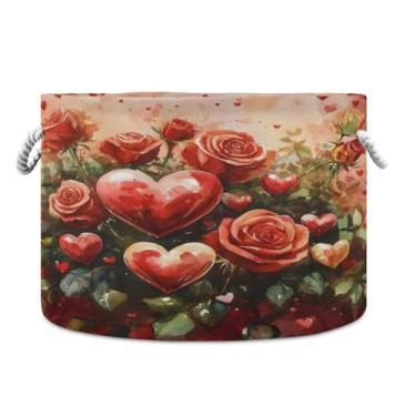 Imagem de JUZIHAI Cesta de armazenamento dobrável de rosas do dia dos namorados, cesto de roupa suja para bebê, cobertor com alças de corda de algodão, caixa organizadora de armário dobrável para quarto